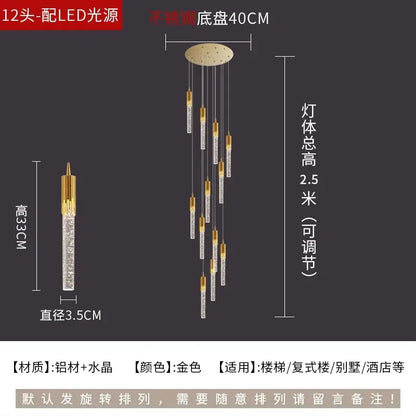 Modern gold crystal rotating staircase chandelier living room light