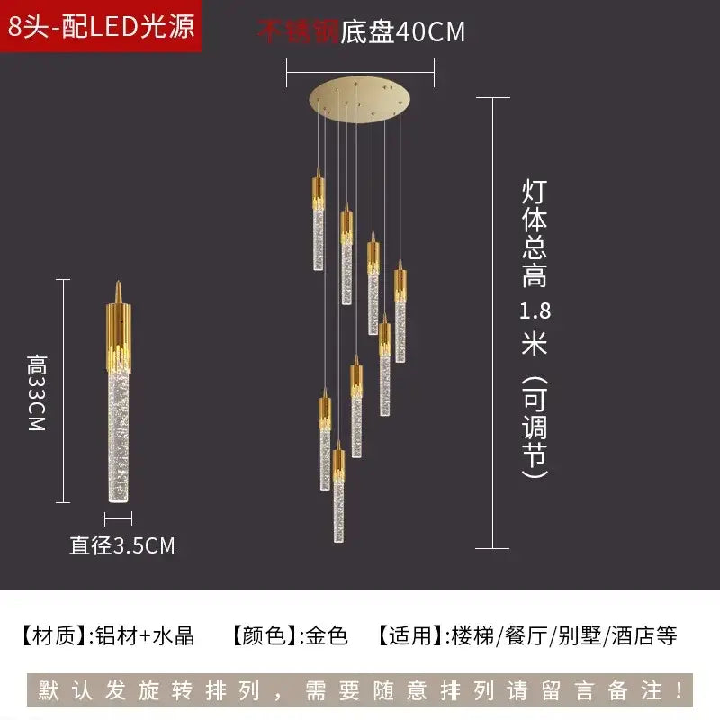 Modern gold crystal rotating staircase chandelier living room light