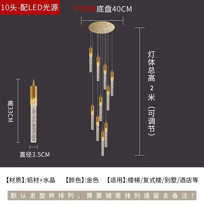 Modern gold crystal rotating staircase chandelier living room light