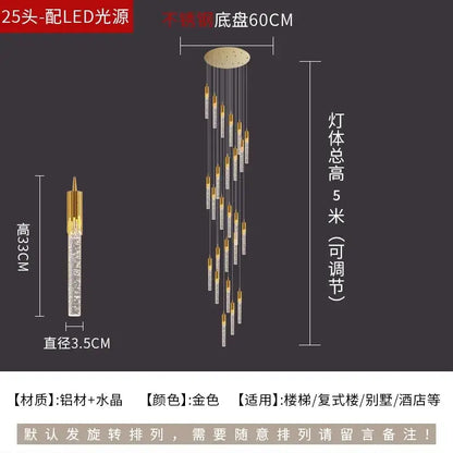 Modern gold crystal rotating staircase chandelier living room light
