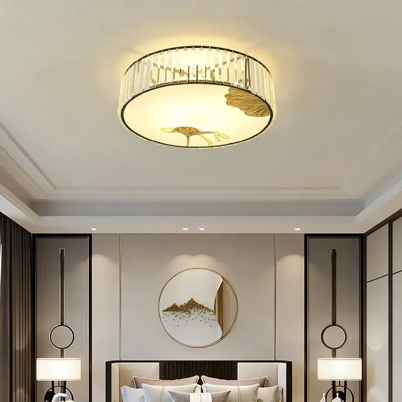 Modern gold crystal round ceiling light bedroom lotus decor