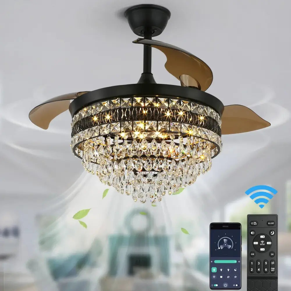 Modern gold crystal smart ceiling fan – living room chandelier