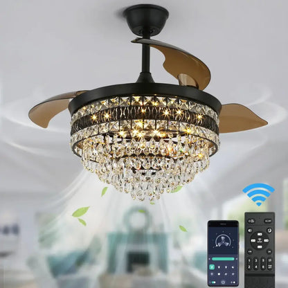 Modern gold crystal smart ceiling fan – living room chandelier