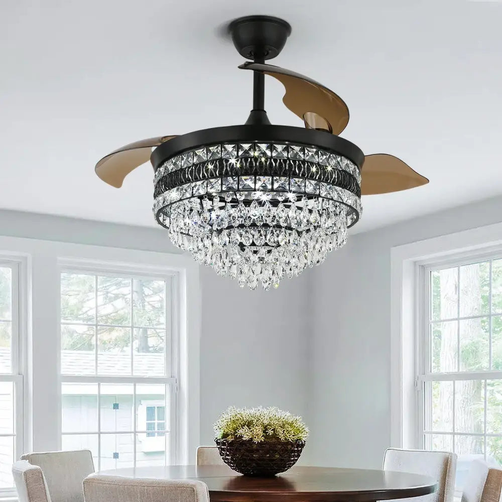 Modern gold crystal smart ceiling fan – living room chandelier