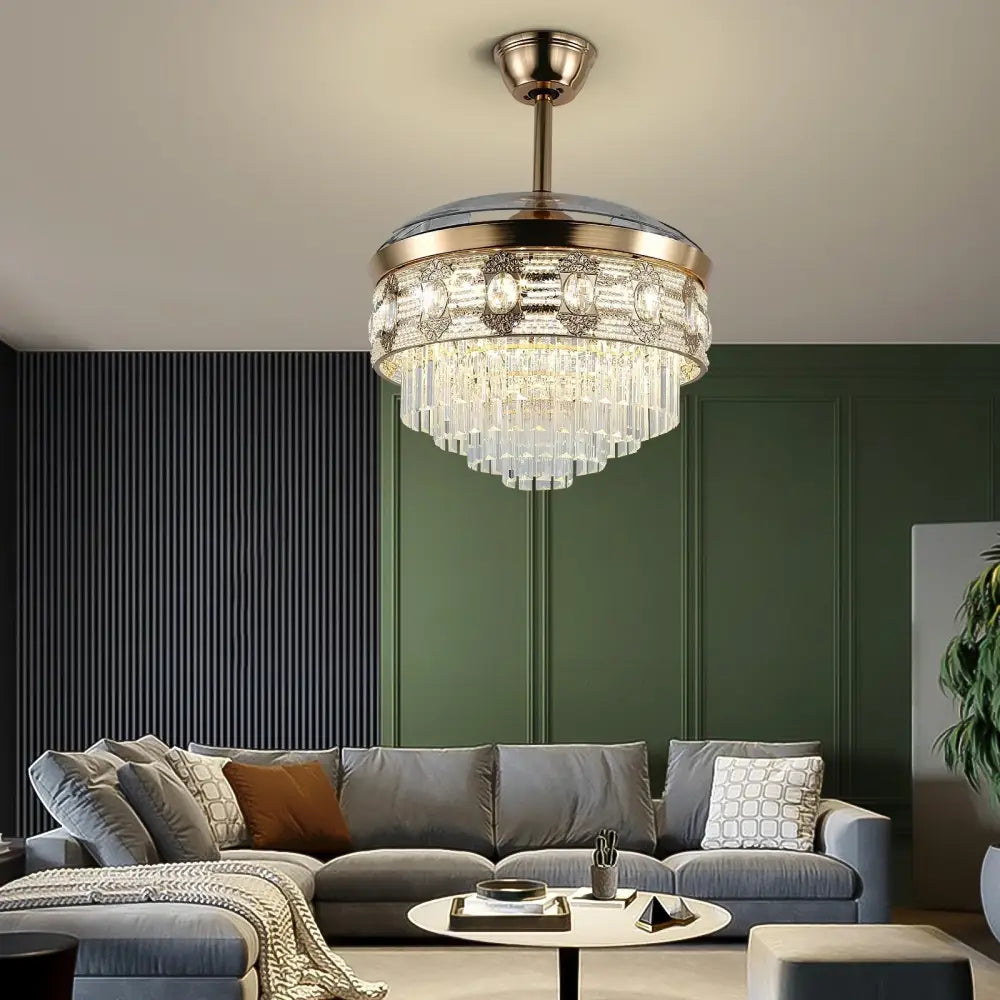 Modern gold crystal smart ceiling fan – living room chandelier