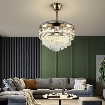 Modern gold crystal smart ceiling fan – living room chandelier
