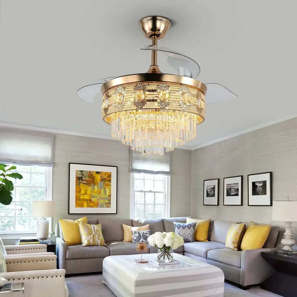 Modern gold crystal smart ceiling fan – living room chandelier