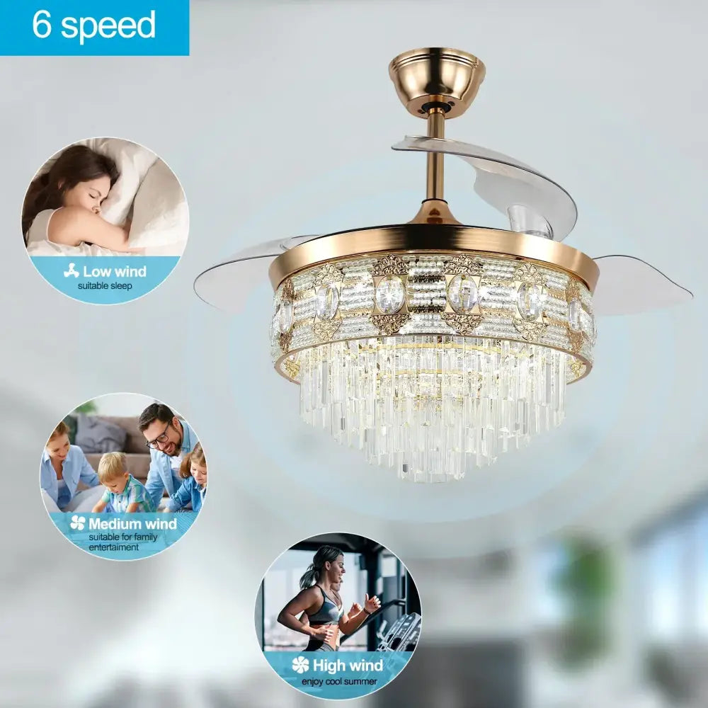 Modern gold crystal smart ceiling fan – living room chandelier