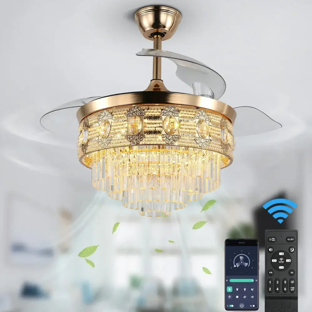 Modern gold crystal smart ceiling fan – living room chandelier