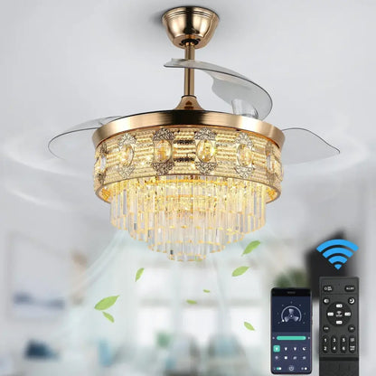 Modern gold crystal smart ceiling fan – living room chandelier