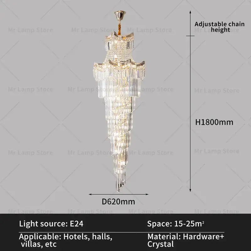 Modern gold crystal stair chandelier living room cascading light