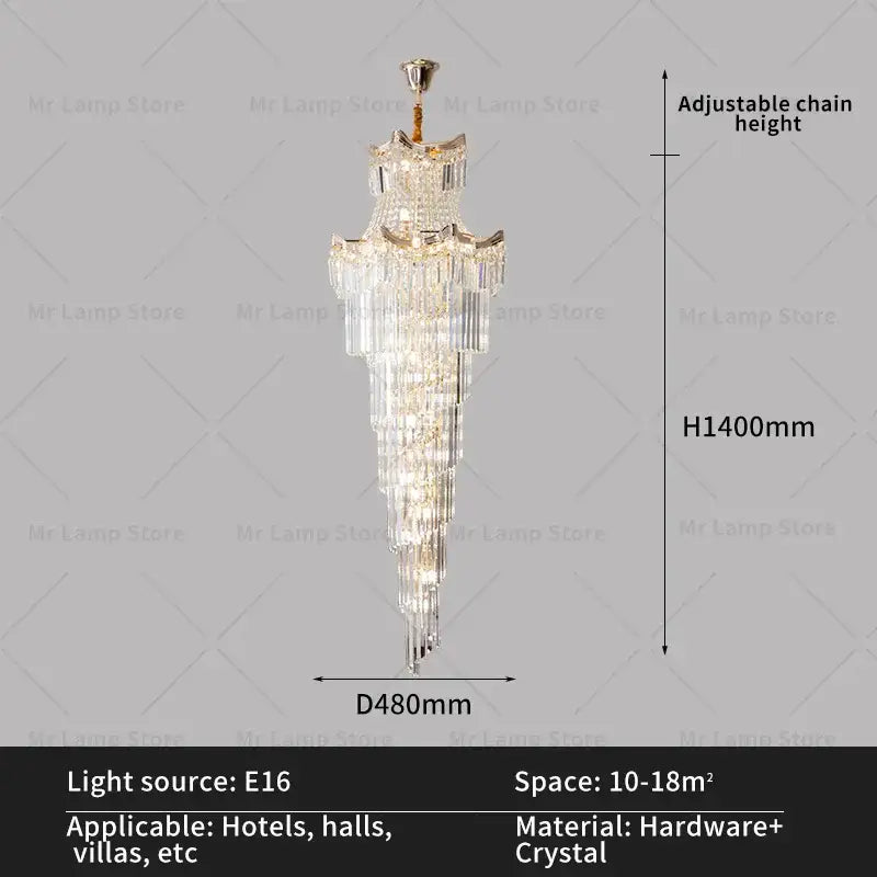 Modern gold crystal stair chandelier living room cascading light