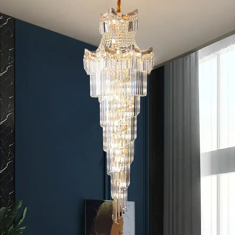 Modern gold crystal stair chandelier living room cascading light