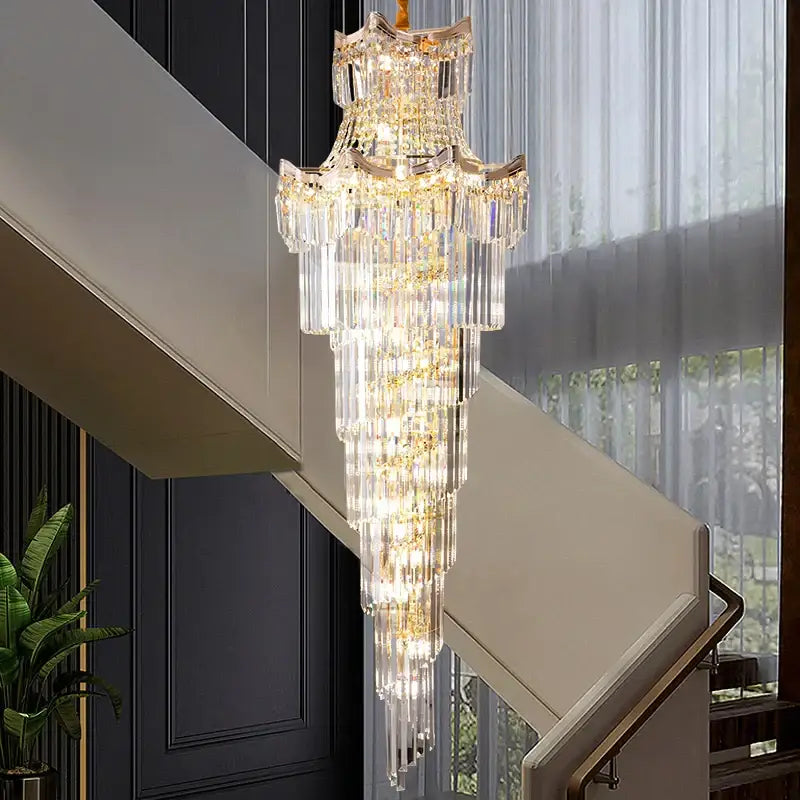Modern gold crystal stair chandelier living room cascading light