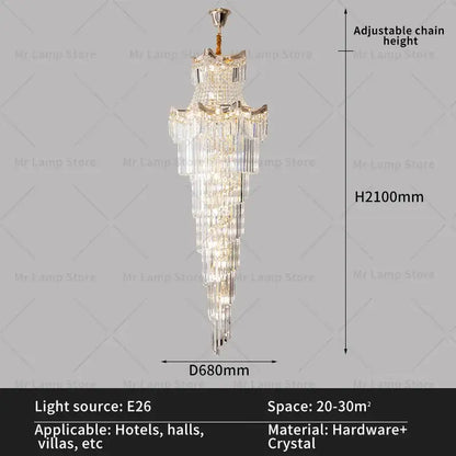 Modern gold crystal stair chandelier living room cascading light