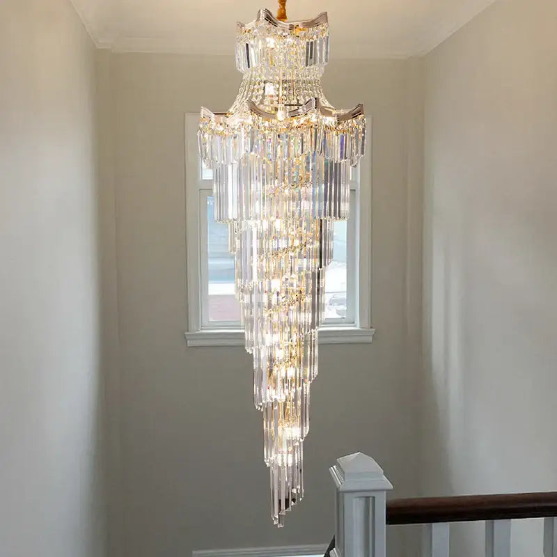 Modern gold crystal stair chandelier living room cascading light