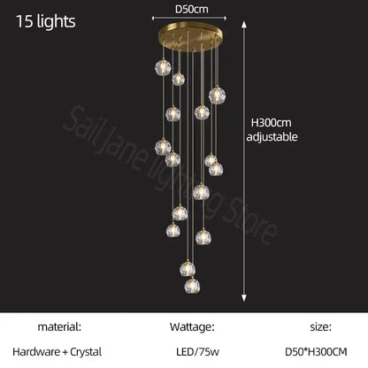 Modern gold crystal stair football shaped chandelier stairwell light