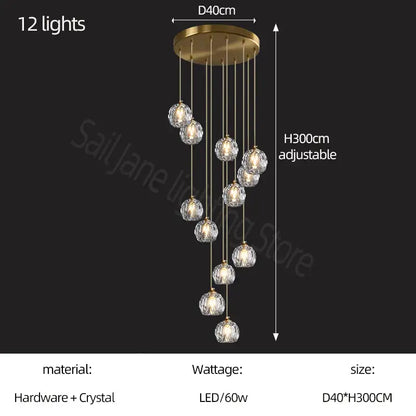 Modern gold crystal stair football shaped chandelier stairwell light