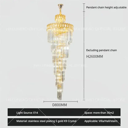 Modern gold crystal stair long chandelier living room light