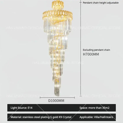 Modern gold crystal stair long chandelier living room light