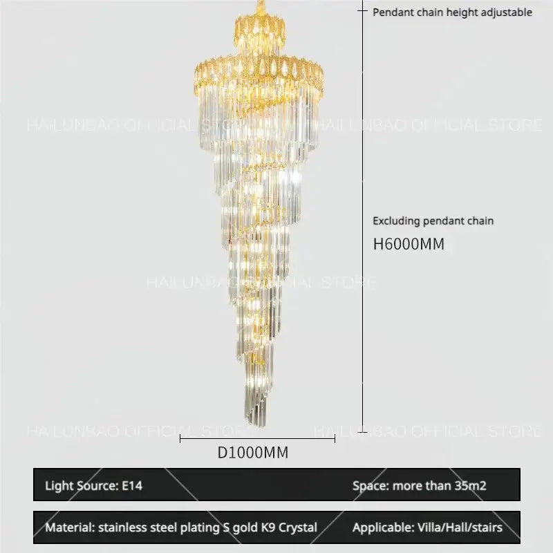 Modern gold crystal stair long chandelier living room light
