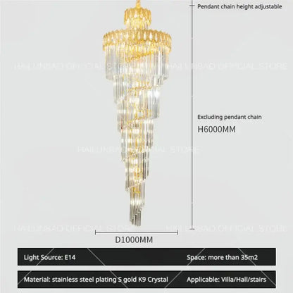 Modern gold crystal stair long chandelier living room light