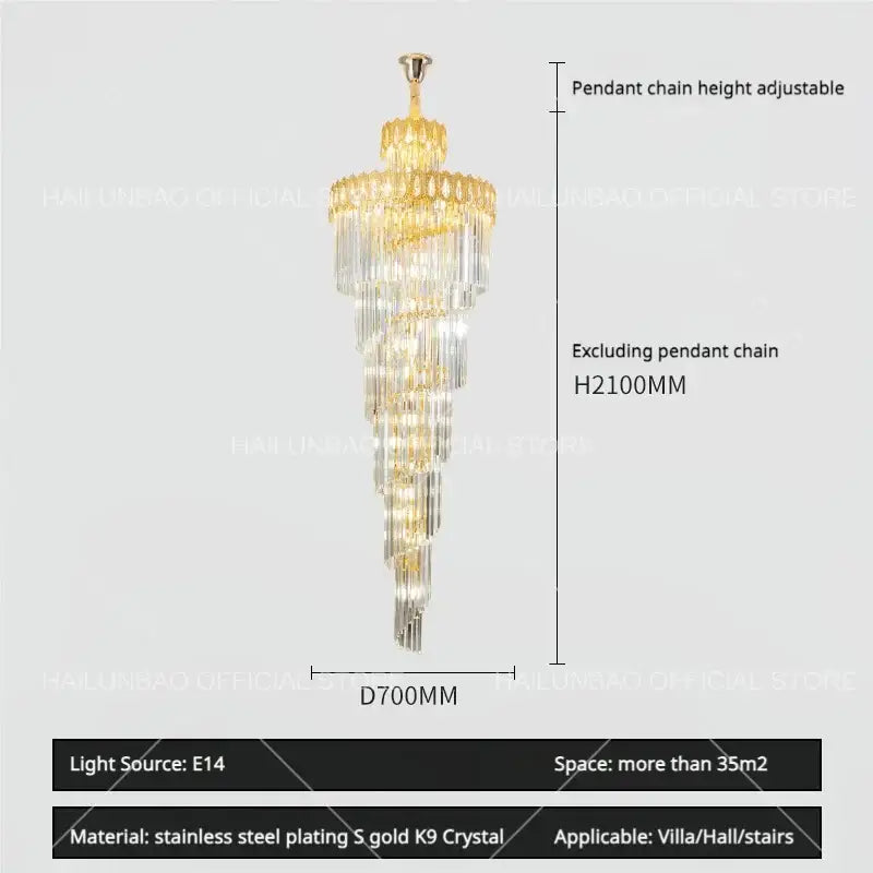 Modern gold crystal stair long chandelier living room light