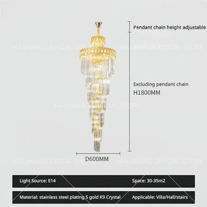 Modern gold crystal stair long chandelier living room light