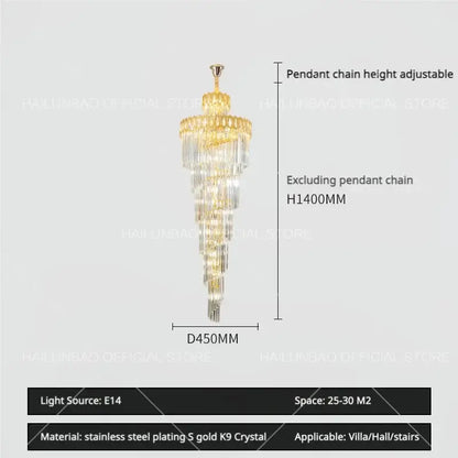 Modern gold crystal stair long chandelier living room light