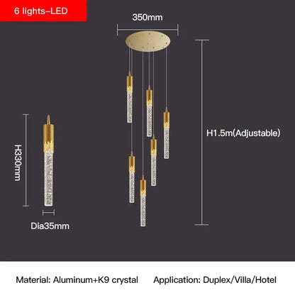 Modern gold crystal staircase chandelier stairwell led hanging lamp