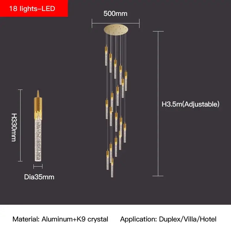 Modern gold crystal staircase chandelier stairwell led hanging lamp