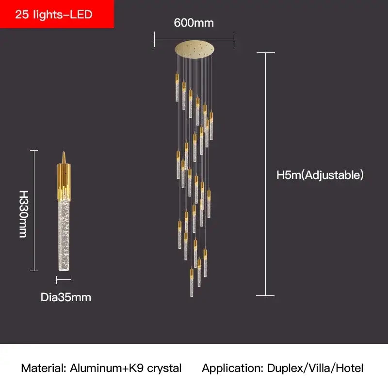 Modern gold crystal staircase chandelier stairwell led hanging lamp