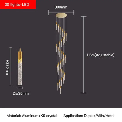 Modern gold crystal staircase chandelier stairwell led hanging lamp