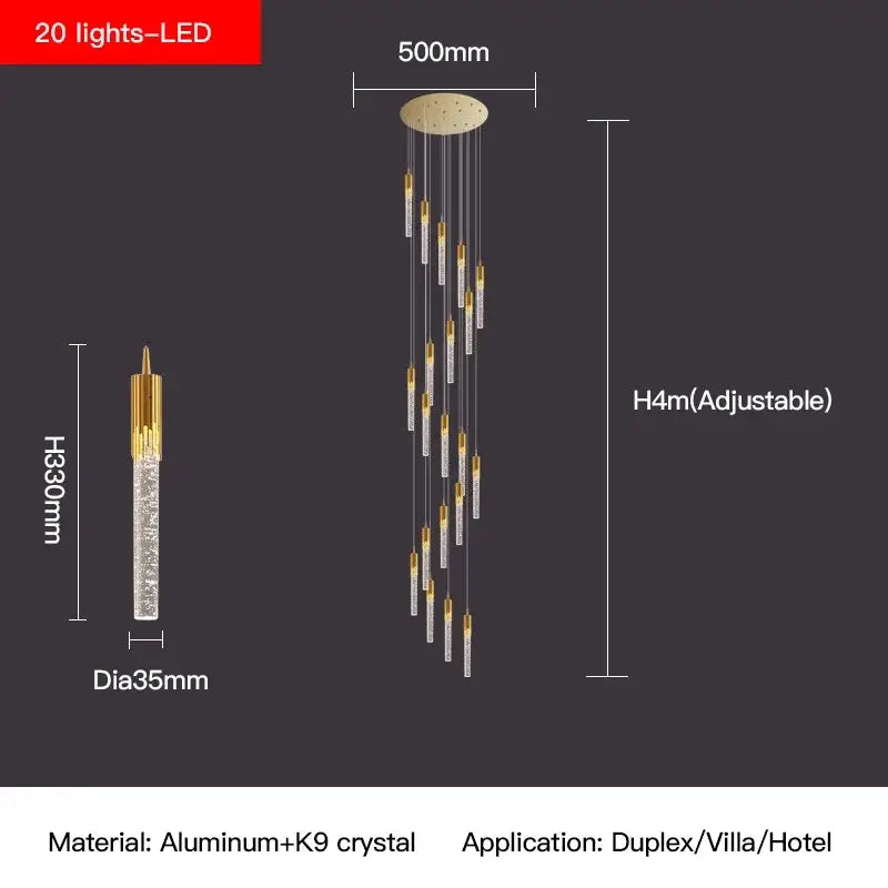 Modern gold crystal staircase chandelier stairwell led hanging lamp