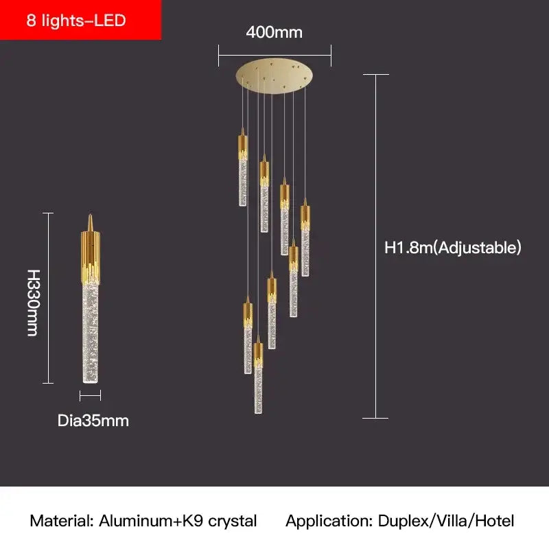 Modern gold crystal staircase chandelier stairwell led hanging lamp