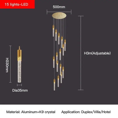 Modern gold crystal staircase chandelier stairwell led hanging lamp
