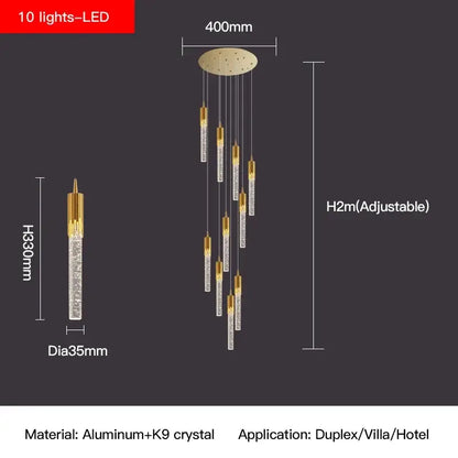 Modern gold crystal staircase chandelier stairwell led hanging lamp