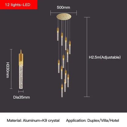 Modern gold crystal staircase chandelier stairwell led hanging lamp
