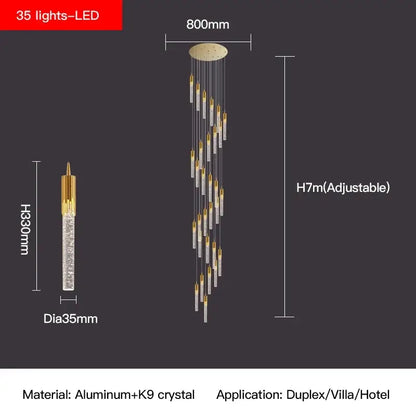 Modern gold crystal staircase chandelier stairwell led hanging lamp