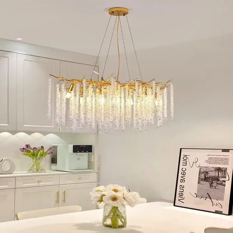 Modern gold crystal tassel chandelier dining room pendant light