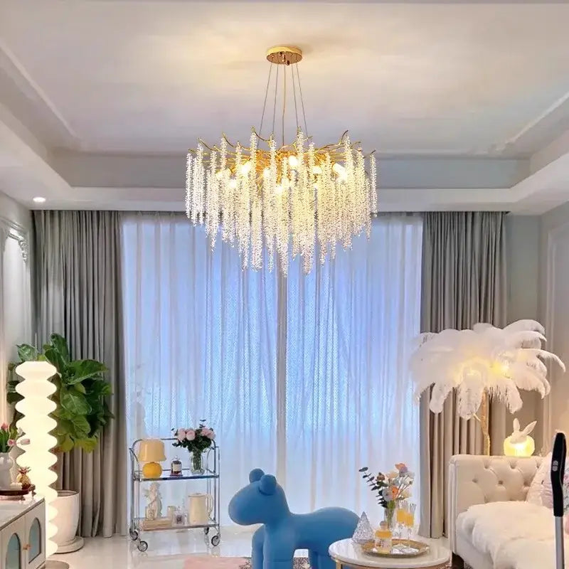 Modern gold crystal tassel chandelier dining room pendant light