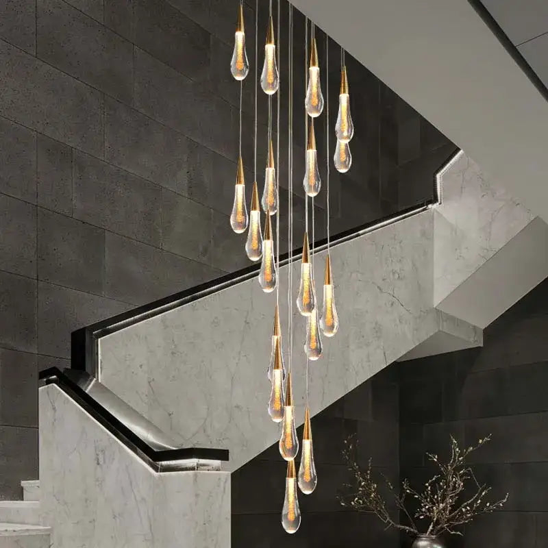 Modern gold crystal teardrop chandelier staircase living room light