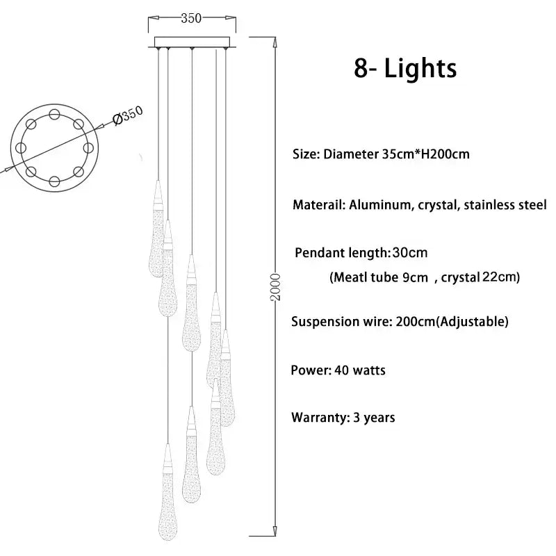 Modern gold crystal teardrop chandelier staircase living room light