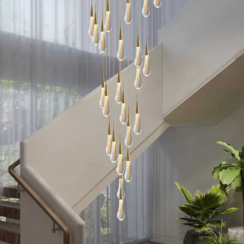 Modern gold crystal teardrop chandelier staircase living room light
