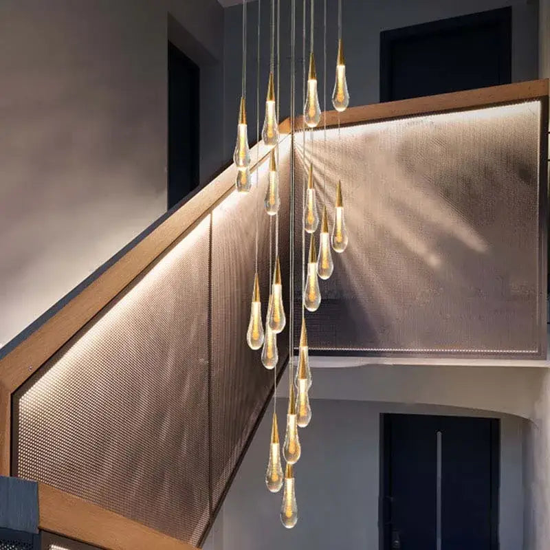 Modern gold crystal teardrop chandelier staircase living room light