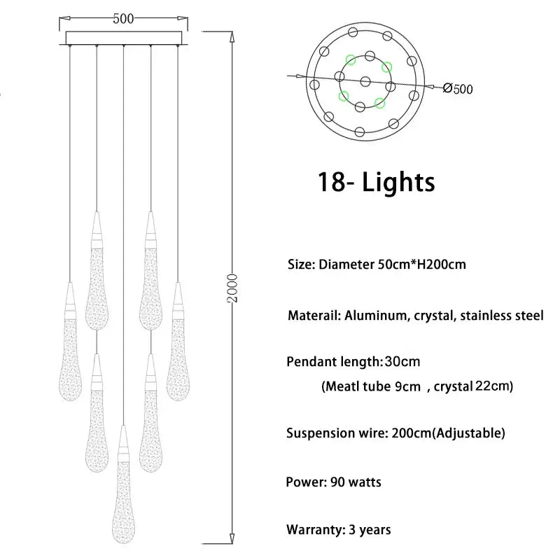Modern gold crystal teardrop chandelier staircase living room light