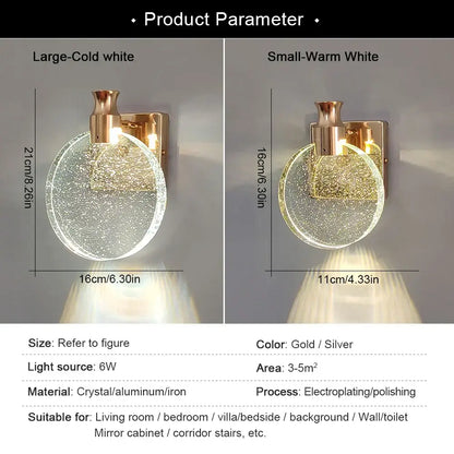 Modern gold crystal wall lamp for bedroom with clear glass shade