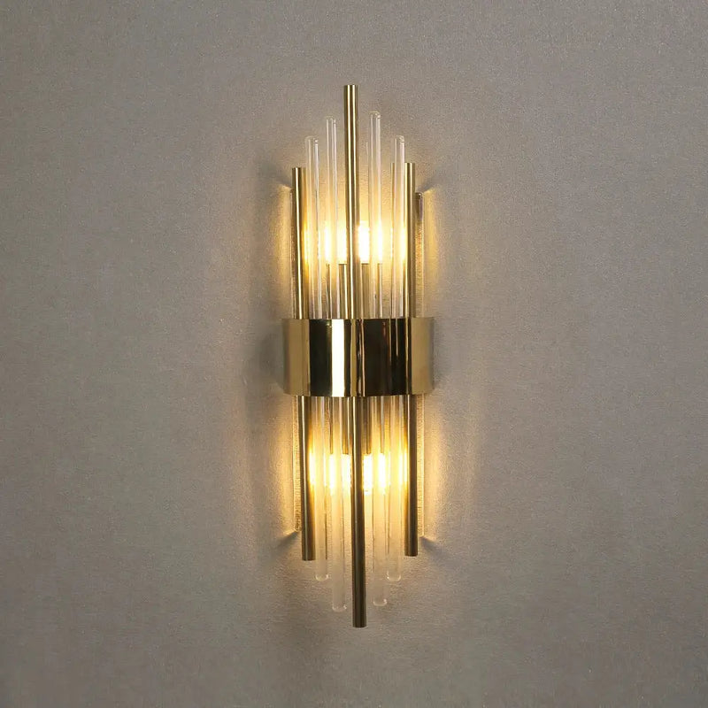 Modern gold crystal wall lamp for bedroom with vertical glass tubes