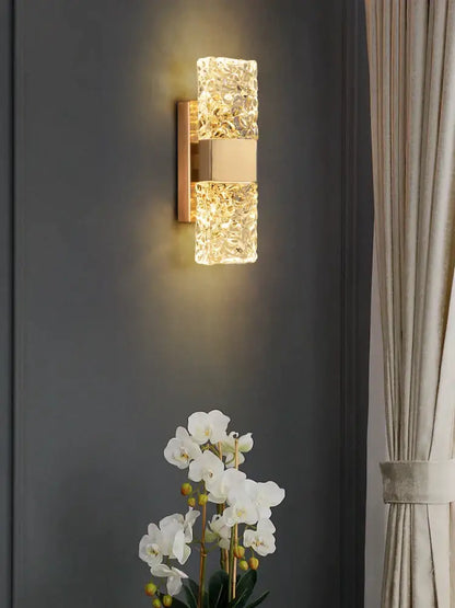 Modern gold crystal wall lamp living room textured glass sconce