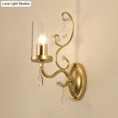 Modern gold crystal wall light bedroom clear glass cylinder shade